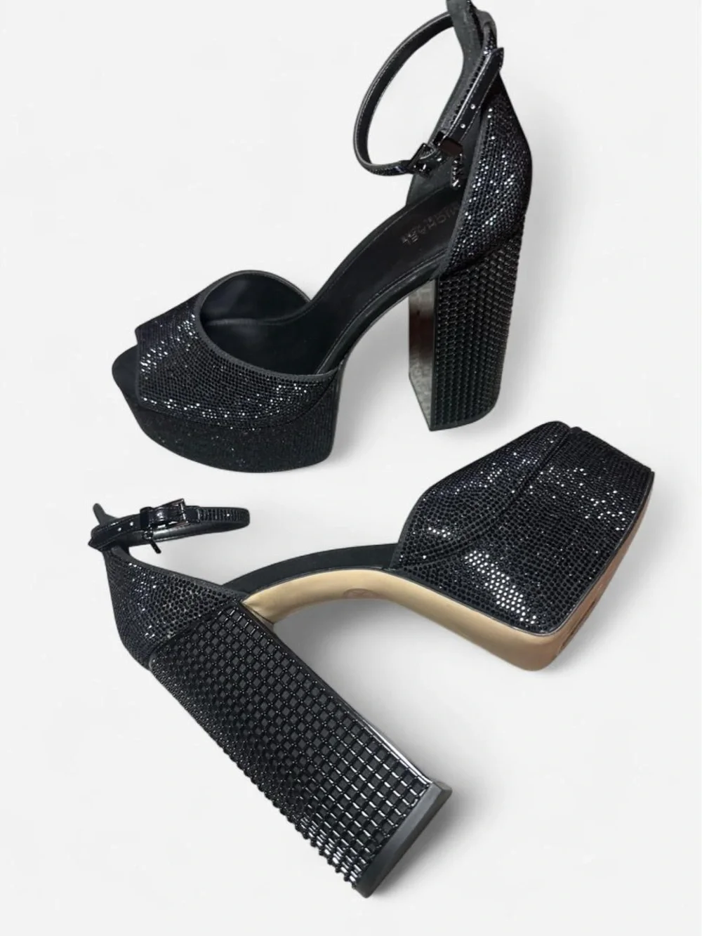 MICHAEL Michael Kors Black Glitter Platform Block Heel Sandals - Picture 2 of 8